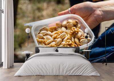 Pistachios and walnuts in a plastic box, tasty and healthy snack to eat outdoors Wall mural