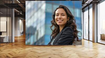 Portrait of a happy latin american businesswoman in front of a big office building Wall mural