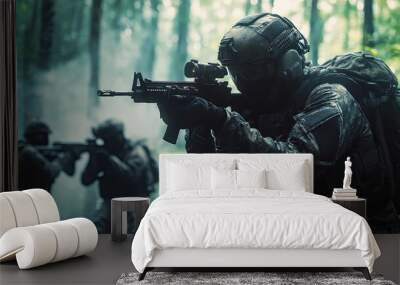 Professional soldiers with machine guns and modern military clothing. Wall mural