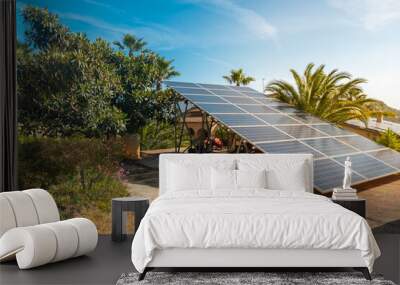 Solar panels installed outside a rural country house, in a natural environment, on a sunny day. Wall mural