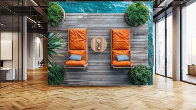 Sunbeds on the terrace of an apartment with sea views, top view. Wall mural