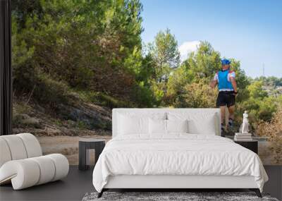 Young man seen from behind running down a dirt track in nature.  Wall mural