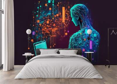 Person using PC on internet with higth tecnology colored and ilustrative, Generative AI Wall mural