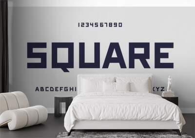 Square typography. Geometric font typeface, numbers and letters set. Creative alphabet. Vector illustration. For technology, gaming, sports and architecture subjects. Wall mural