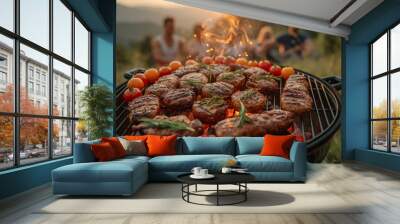 A close-up of a barbecue grill filled with meat and tomatoes, with a group of friends sitting around the campfire in the background. The setting sun casts a beautiful glow Wall mural