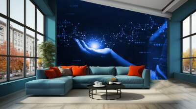 Ai Virtual Technology.Hand holding global network connection. Internet communication, Wireless connection technology. Futuristic technology with polygonal shapes. Wall mural