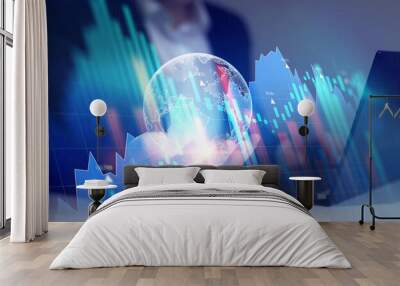 Business strategy development and growing growth plan. Investment of growth on currency rate.Business growing virtual hologram of statistics, graph and chart. Wall mural