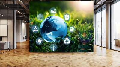 Energy resources icons on crystal earth on sunny background. Sources for renewable, sustainable development. Environment,ecology and energy saving concept. Wall mural