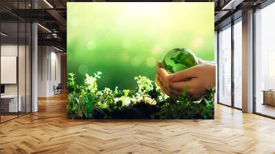 Hand holding crystal earth globe. Environment day, save clean planet, ecology concept. Earth Day.Renewable energy-based green businesses can limit climate change and global warming. Wall mural