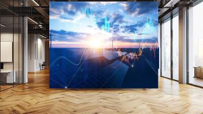 Increase or rising in electricity prices on the world market. Photovoltaic power station with double exposure of digital financial chart graphs and stock market.Green energy in full development. Wall mural