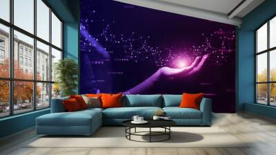 Metaverse Technology concepts. 
Woman hand holding global network connection. Internet communication, Wireless connection technology. Futuristic technology with polygonal shapes.	 Wall mural