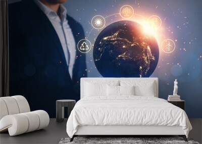 Night earth in the hands of man with icons energy sources for renewable. Eco development. Energy savings concept. Elements of this image furnished by Nasa.
 Wall mural