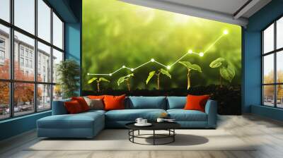 Seedling are growing from the rich soil. Concept of business growth, profit, development and success. Wall mural