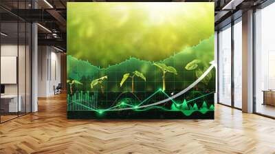 Seedling growing step in garden with sunshine and digital growth graph. Concept of global green business growth, profit, development and success. Wall mural