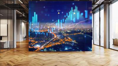 Trade technology, and investment analysis.Big data chart on city backdrop.Business development, financial plan and strategy.Analysis finance graph and market chart investment. Wall mural