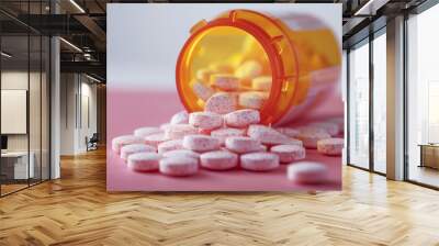 Pink pills on white background. An orange pill bottle with light pink tablets spilling onto a white surface. The image emphasizes the clarity and simplicity of pharmaceutical products. Wall mural