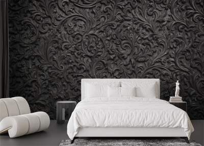 Shady Teak - Dark wooden textures with carving and detailing Wall mural