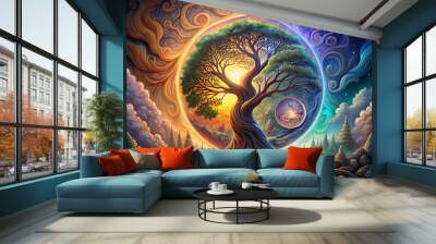 The concept of balance inherent in the yin-yang philosophy intertwines with the symbolic significance of Yggdrasil, the Norse mythological Tree of Life Wall mural