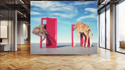 Giraffe entering a door and gets out as an elephant. Wall mural