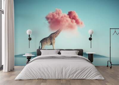 Giraffe with a pink cloud around. Wall mural