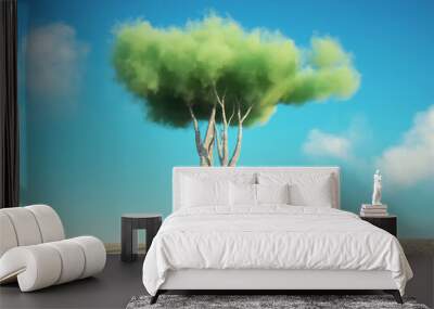 Tree on field with green cloud. Wall mural