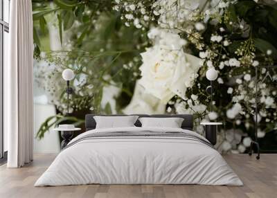 Close up of wedding decorations, with white fresh flowers. Tender wedding arrangements. Wall mural