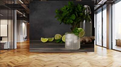 Moscow Mule Cocktail Isolated on White Background. A Moscow mule is a cocktail made with vodka, spicy ginger beer, and lime juice. Selective focus. Wall mural