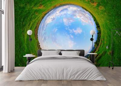 Stereographic panoramic projection of a green field in the summer. 360 degree panorama. Wall mural