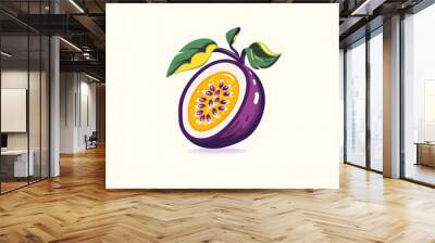 Flat logo illustration of a cute passion fruit, isolated on plain, simple background. Generative AI Wall mural