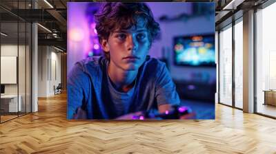 Focused teenage boy playing video games at home in a dimly lit room with neon lights Wall mural