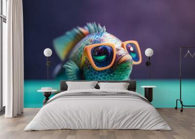 Funny fish wearing sunglasses in studio with a colorful and bright background. Generative AI Wall mural