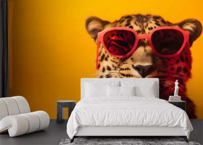 Funny leopard wearing sunglasses in studio with a colorful and bright background. Generative AI Wall mural