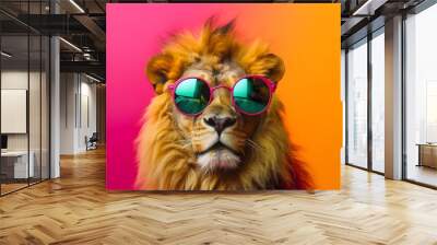 Funny lion wearing sunglasses in studio with a colorful and bright background. Generative AI Wall mural