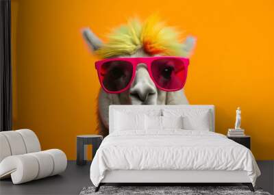 Funny llama wearing sunglasses in studio with a colorful and bright background. Generative AI Wall mural