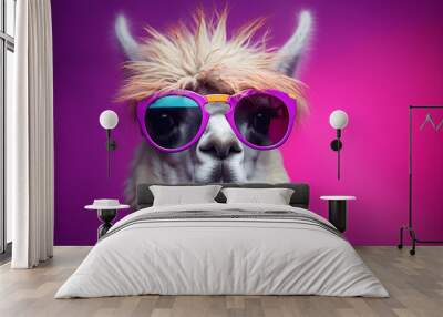 Funny llama wearing sunglasses in studio with a colorful and bright background. Generative AI Wall mural