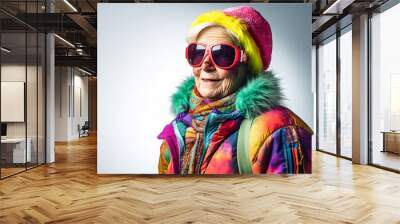 Funny old lady skiing. Generative AI Wall mural