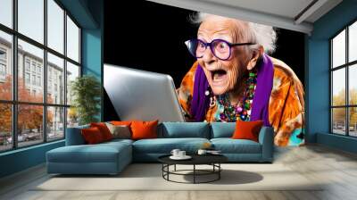 Funny old woman desperately trying to use a laptop. Generative AI Wall mural