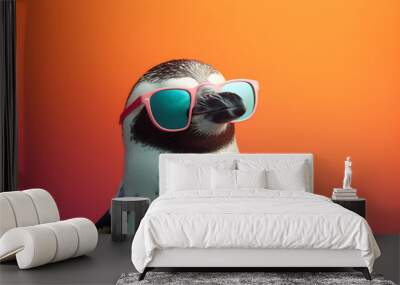 Funny penguin wearing sunglasses in studio with a colorful and bright background. Generative AI Wall mural