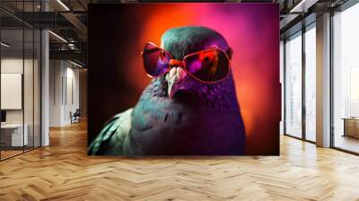 Funny pigeon wearing sunglasses in studio with a colorful and bright background. Generative AI Wall mural