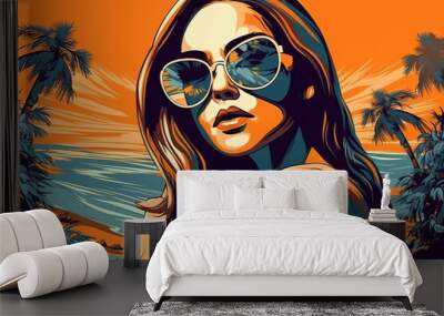 Hand drawn pop-art style illustration of a beautiful young woman with sunglasses on a tropical beach. Generative AI Wall mural