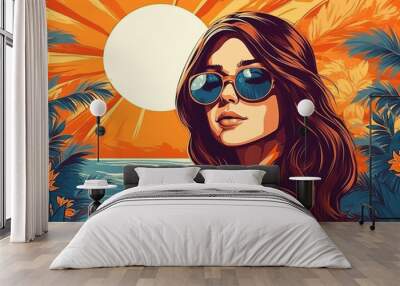 Hand drawn pop-art style illustration of a beautiful young woman with sunglasses on a tropical beach. Generative AI Wall mural