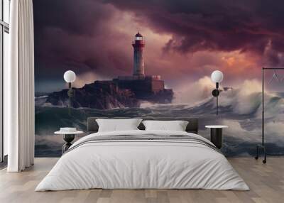 Illustration of a beautiful lighthouse in a dramatic storm. Generative AI Wall mural