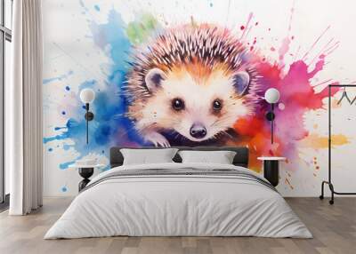 Modern colorful watercolor painting of a hedgehog, textured white paper background, vibrant paint splashes. Created with generative AI Wall mural