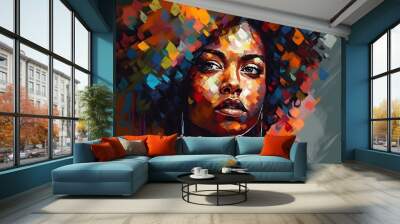 Portrait of a beautiful young african american woman. Colorful modern hand painted art with geometric shapes. Generative AI Wall mural