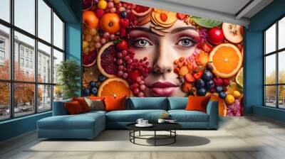 Woman face combined with summer fruits. Colorful conceptual illustration. Generative AI Wall mural