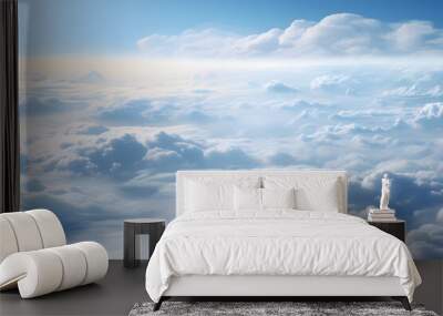 Aerial view of white clouds in blue sky. View from airplane window ai generated art Wall mural