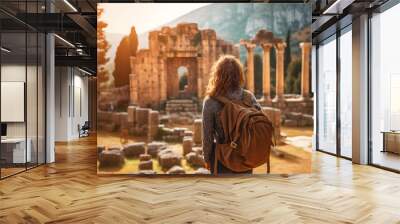 beautiful girl with backpack in font of Temple of Apollo in Delphi ai generated art Wall mural