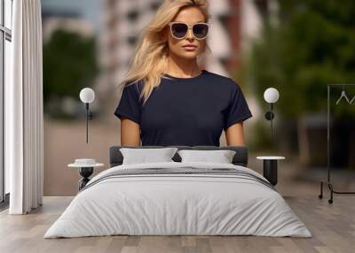 blond fashion woman lifestyle photo navy tshirt mockup ai generated art Wall mural