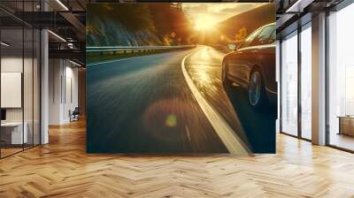 car on mountain road traveling around the world highways and sunset ai generated art Wall mural