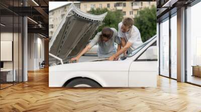 Car Troubles: Two Men Inspecting Engine Under Hood on Highway Wall mural